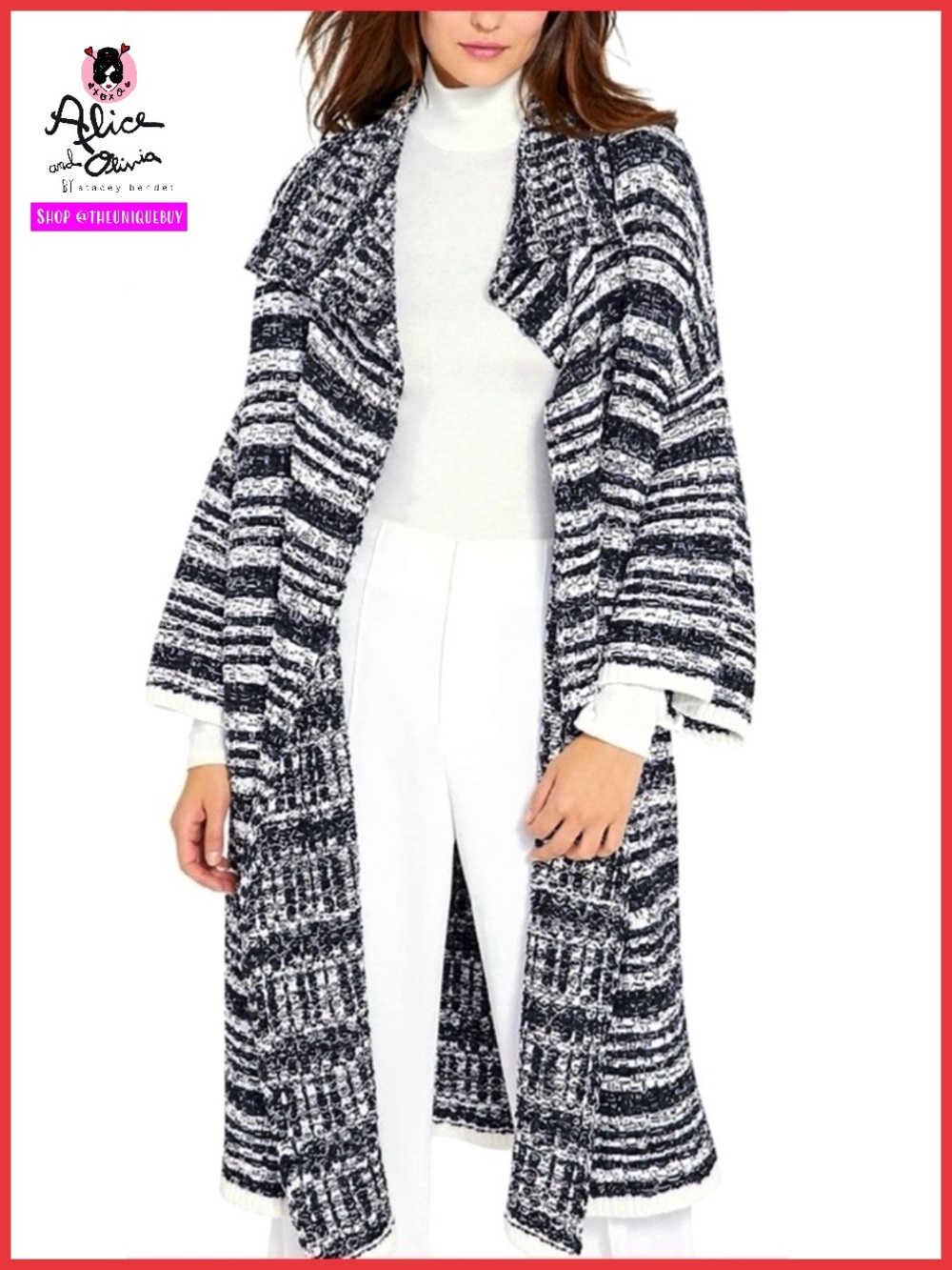 Alice + Olivia Hester Oversized Black White Knitted Sweater Cardigan Shawl Coat